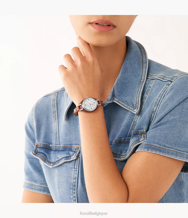 Fossil montre femmes montre carlie en cuir véritable à trois aiguilles brun 8V4604222