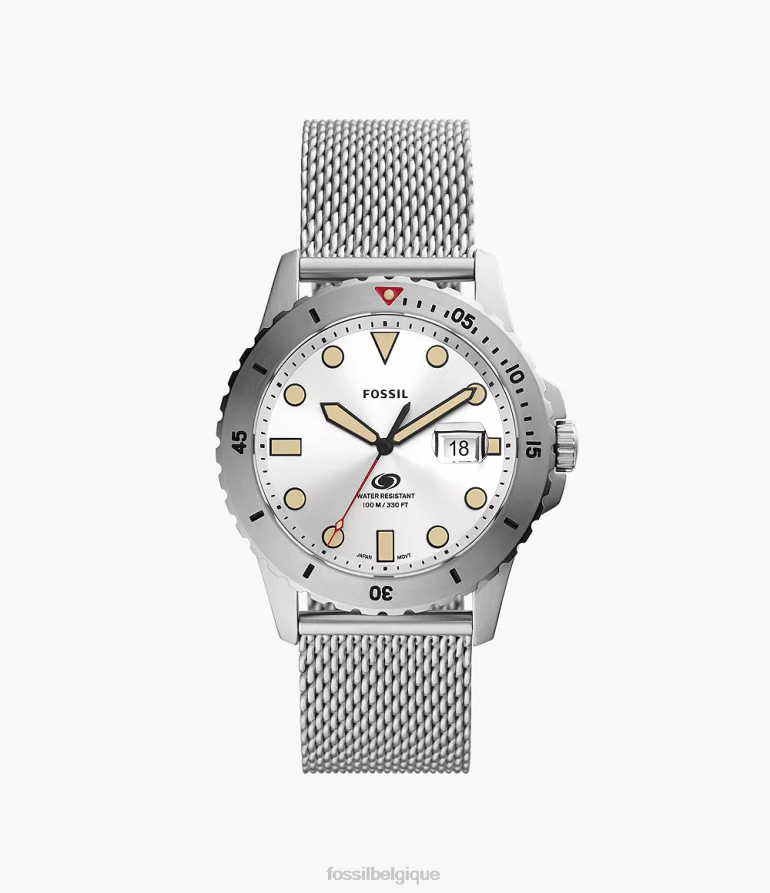 Fossil montre Hommes montre à mailles en acier inoxydable avec date à trois aiguilles bleu 8V46041599