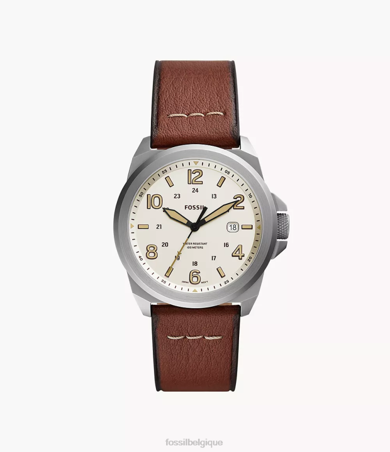 Fossil montre Hommes montre bronson en cuir véritable à trois aiguilles et date brun moyen 8V46041439