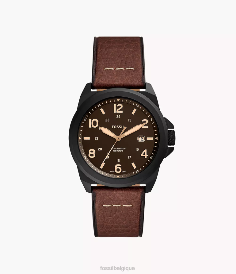 Fossil montre Hommes montre bronson en cuir véritable à trois aiguilles et date marron foncé 8V46041413